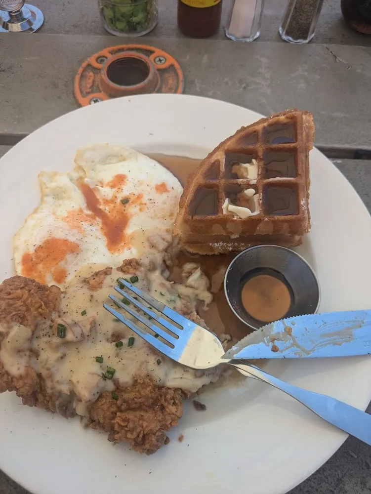 Chicken and Waffles with Miso Soup and Sushi