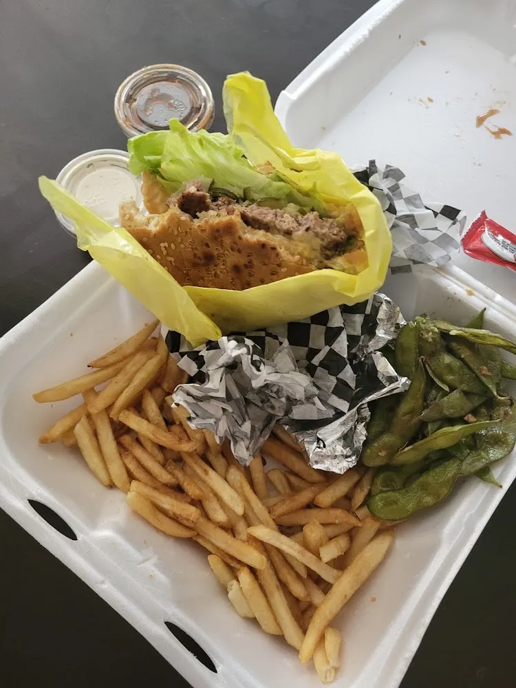 Crazy Burger Combo Including Edamame and Chicken Breast